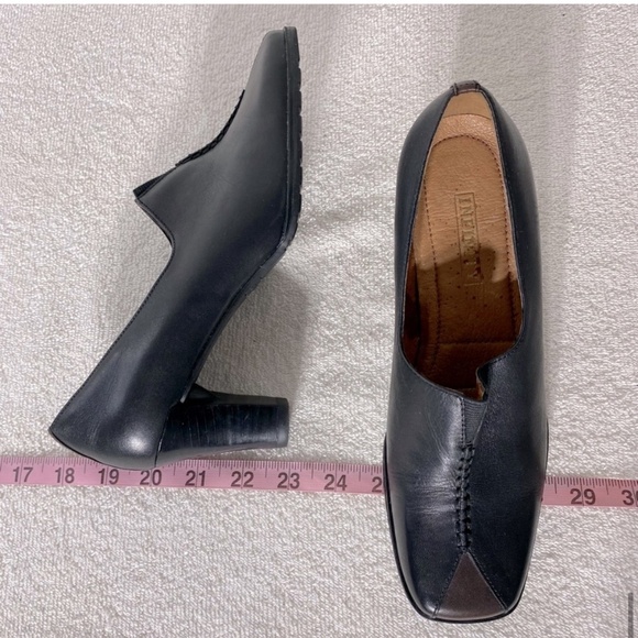 Infinity Black Leather Slip On Square Toe Low Heels W Brown Peekaboo Toe 7.5 - Picture 13 of 14